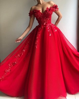 Glamouröses Ballkleid aus der Schulter Applique Blumen Abendkleider_2