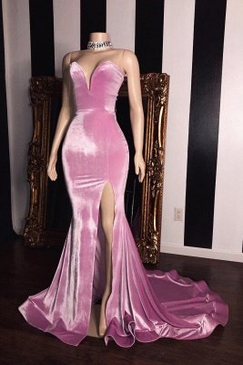 Pink Velvet Sweetheart Long Prom Dresses  | Elegant Side Slit Mermaid Evening Gowns_1