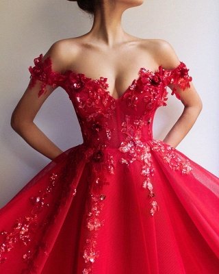 Glamouröses Ballkleid aus der Schulter Applique Blumen Abendkleider_3