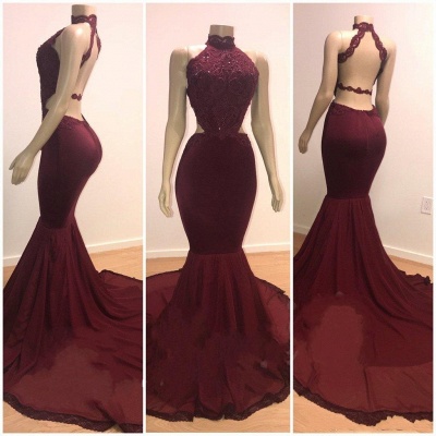 Lace Top High Neck Evening Gowns | Mermaid Burgundy Long Prom Dresses_2