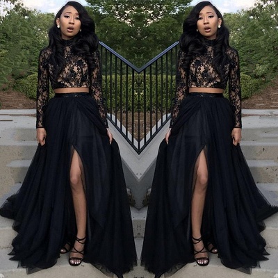 Two Piece Long Sleeve Formal Gowns | Black Long Slit Lace Prom Dress SP0349_3
