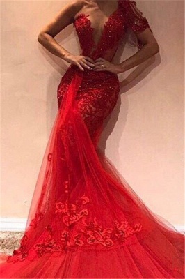 Gorgeous Mermaid One Shoulder Tulle Appliques Prom Dresses_1