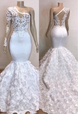 One Shoulder Lace Appliques Meramid Long Prom Dresses  with sleeves_2