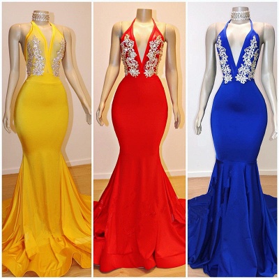 Halter Deep V-neck Sexy Prom Dresses for Juniors | Beads Appliques Mermaid Eveing Gowns_2