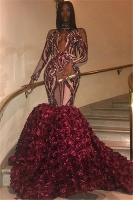 Robe de bal sexy sirène bordeaux à col haut et à manches longues avec fleur_1