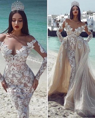 Elegante con cuello en v manga larga de tul Apliques vestidos de novia con falda larga_2