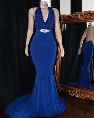 Sexy Halter Sleeveless Mermaid Prom Dresses | 2021 V-Neck Appliques Crystal Evening Gowns_2