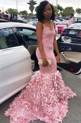Pink Mermaid Spaghetti Straps Sleeveless Appliques Glamorous Prom Dresses_1