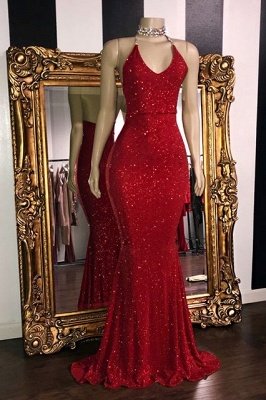 Sequins Sleeveless Mermaid Long Prom Dresses  | Glitter New Arrival Halter Red Evening Gowns_1