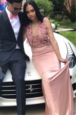 Sexy Straps Fur V-Neck   Prom Dresses | 2021 Pink Sleeveless Mermaid Evening Gowns_1