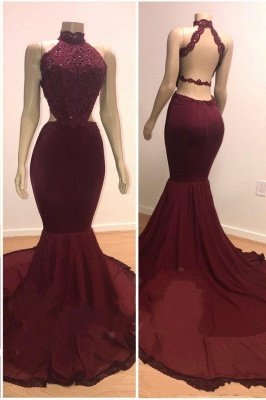 Lace Top High Neck Evening Gowns | Mermaid Burgundy Long Prom Dresses_1