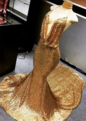 Gold Sparkly Sequined Deep Flow Neck Prom Dress | Halter V-neck Mermaid Evening Dress_1