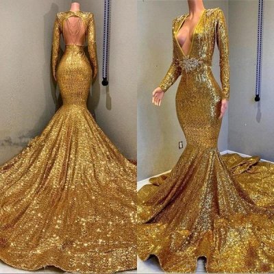 Superbe sirène paillettes manches longues étage longueur robes de bal_4