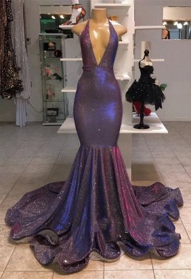 Deep V-Neck Sleeveless Long Prom Dresses  | New Arrival Halter Memaiad Sequins Evening Gowns_2