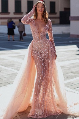 Elegante rosa Meerjungfrau tiefem V-Ausschnitt lange Ärmel Kristall Prom Kleider mit abnehmbarem Rock_1