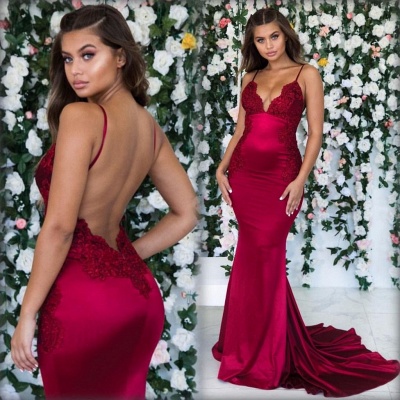 Burgundy Sleeveless Mermaid Backless Prom Dresses |   Spaghetti-Straps Lace Appliques Evening Gowns_3