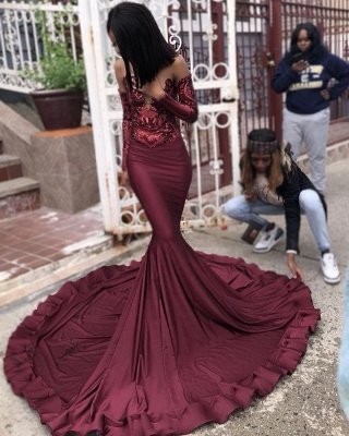 Sexy Burgundy Sequins Mermaid Prom Dresses |  Long Sleeves Evening Dresses_5