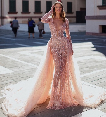 Glamorous Pink Mermaid Deep V-Neck Long Sleeves Crystal Prom Dresses With Detachable Skirt_3