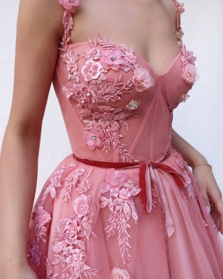 Pink  A-line Spaghetti Tulle Flower Applique Prom Dresses_3