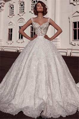 Glamorous Ball Gown Spaghetti Straps Sleeveless Lace Applique Wedding Dresses_1