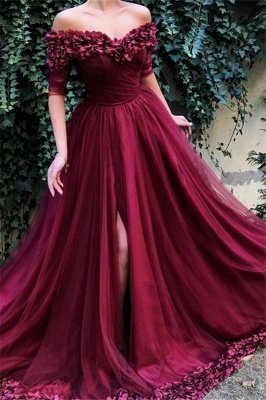 Burgundy Off The Shoulder A-line Tulle Flower Applique Prom Dresses_1