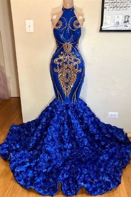 2021 Königsblau Halfter Mermaid Prom Dresses | Wunderschöne ärmellose Blumen lange Abendkleider_1