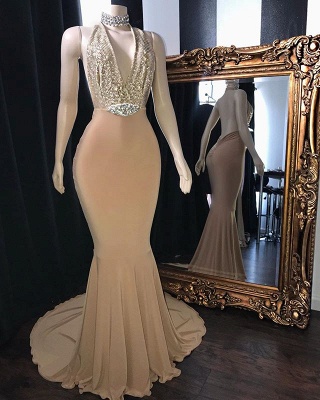 Champagne Crystal Halter Mermaid Long Prom Dresses  | V-Neck Sleeveless Evening Gowns_2