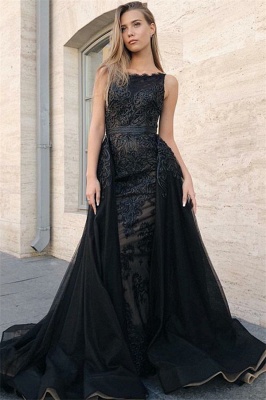 Sexy Sexy Mermaid Sleeveless Evening Gowns | Black Appliques Lace Overskirt Prom Dresses New Arrival_1