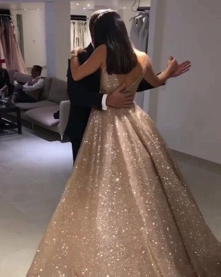 Shiny Gold Ball Gown Evening Dresses | Sexy V-Neck Sequin Prom Dresses_4