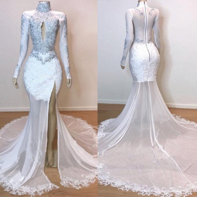 White Stunning Lace Long Sleeve Long Prom Dresses  | New Arrival Sheer Tulle Slit Mermaid Evening Gowns_4