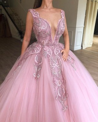 Glamorous Pink Ball Gown Deep V-Neck Sleeveless Applique Evening Dresses_2