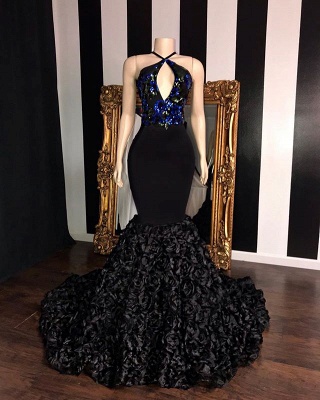 Black Sleeveless Flowers Mermaid Long Prom Dresses  | Elegant Halter Sequins Appliques Evening Gowns_2