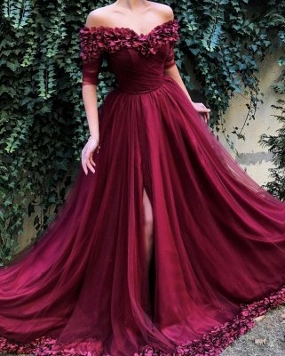 Burgundy Off The Shoulder A-line Tulle Flower Applique Prom Dresses_2