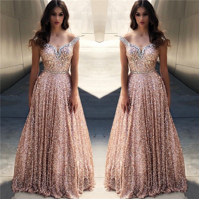 Rose Gold Sequins Evening Dresses |Cheap Off The Shoulder Sexy Bling-bling Prom Dress_2