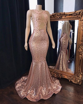 Pink Sequins Appliques Mermaid Long Prom Dresses  | New Arrival Sleeveless Sheer Tulle Evening Gowns_2