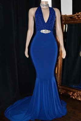 Sexy Halter Sleeveless Mermaid Prom Dresses | 2021 V-Neck Appliques Crystal Evening Gowns_1