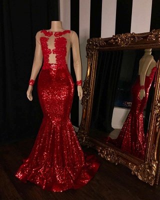 New Arrival Long Sleeve Sequins Mermaid Prom Gowns | Glamorous Sheer Tulle Red Evening Dress_2