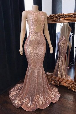 Pink Sequins Appliques Mermaid Long Prom Dresses  | New Arrival Sleeveless Sheer Tulle Evening Gowns_1