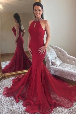 Glamorous Mermaid High Neck Sleeveless Crystal Prom Dresses_1