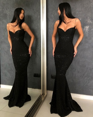 Black Sheath Open Back Spaghetti Straps equins Prom Dresses_3