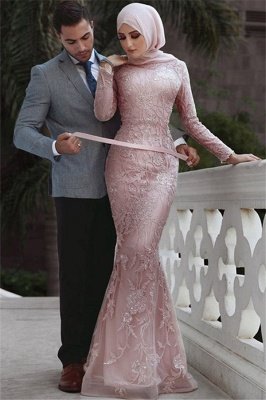 Pink Detachable Long-Sleeves Prom Dresses |   Appliques Lace Sexy Mermaid Evening Gowns_1