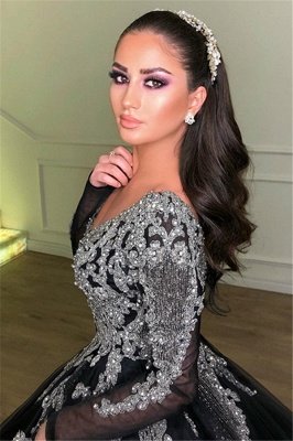 Black Ball Gown Deep V-Neck Long Sleeves Appliques Overskirt Evening Dresses_2