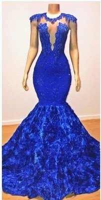 New Arrival Royal Blue Flowers Mermaid Evening Gowns | Glamorous Sleeveless With lace Appliques Long Prom Dresses_2