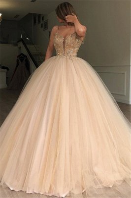 Glamorous Ball Gown Spaghetti Straps Sleeveless Beaded Champagne Wedding Dresses_1