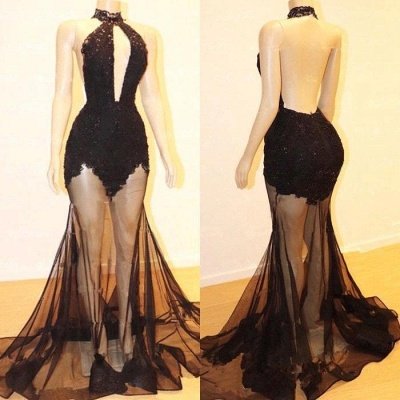 Sexy Halter Lace See Through Floor Length Mermaid Prom Dresses_5