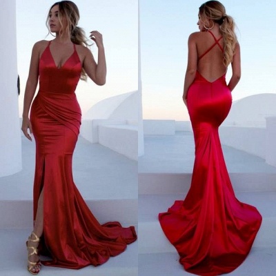 V-Ausschnitt Spaghetti ärmellose Mermaid Front Slit Prom Kleider_3