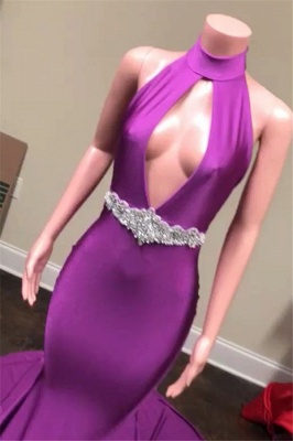 New Arrival Purple Prom Dresses Halter V-Neck Open Back Sleeveless Mermaid Evening Gown_3
