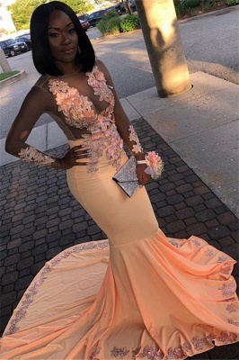 Orange Sheer Tulle Flower Appliques Long-Sleeves Sexy Mermaid Prom Dresses_1