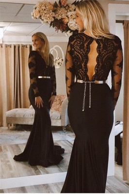 Glamorous Black Lone-Sleeves Lace Applique Long Sexy Mermaid Prom Dresses_2