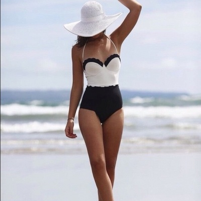 Halter de una sola pieza cariño Vintage negro blanco de cintura alta Beachwears_3